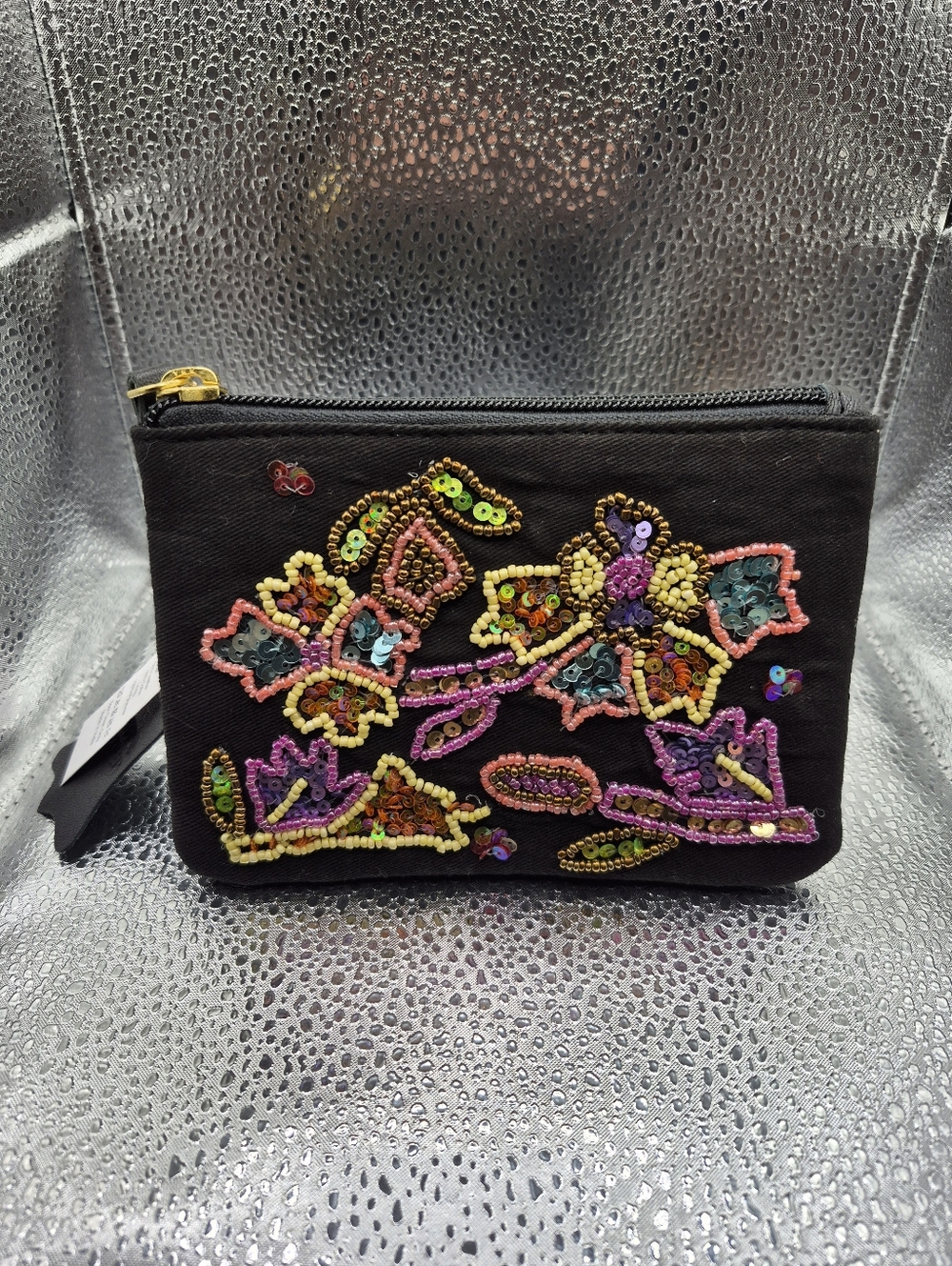Beaded Floral Black Leather Zipper Pouch